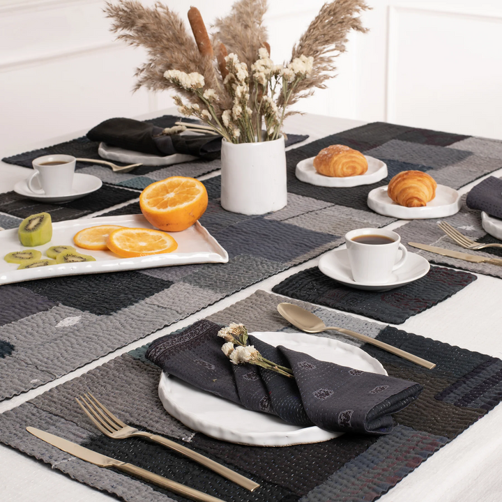 Landscape Fray Handmade Vintage Kantha Placemat -Black (SET OF 2)
