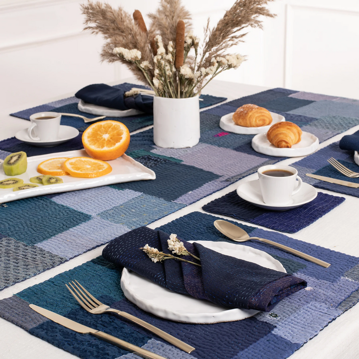 Landscape Fray Handmade Vintage Kantha Placemat -Navy (SET OF 2)