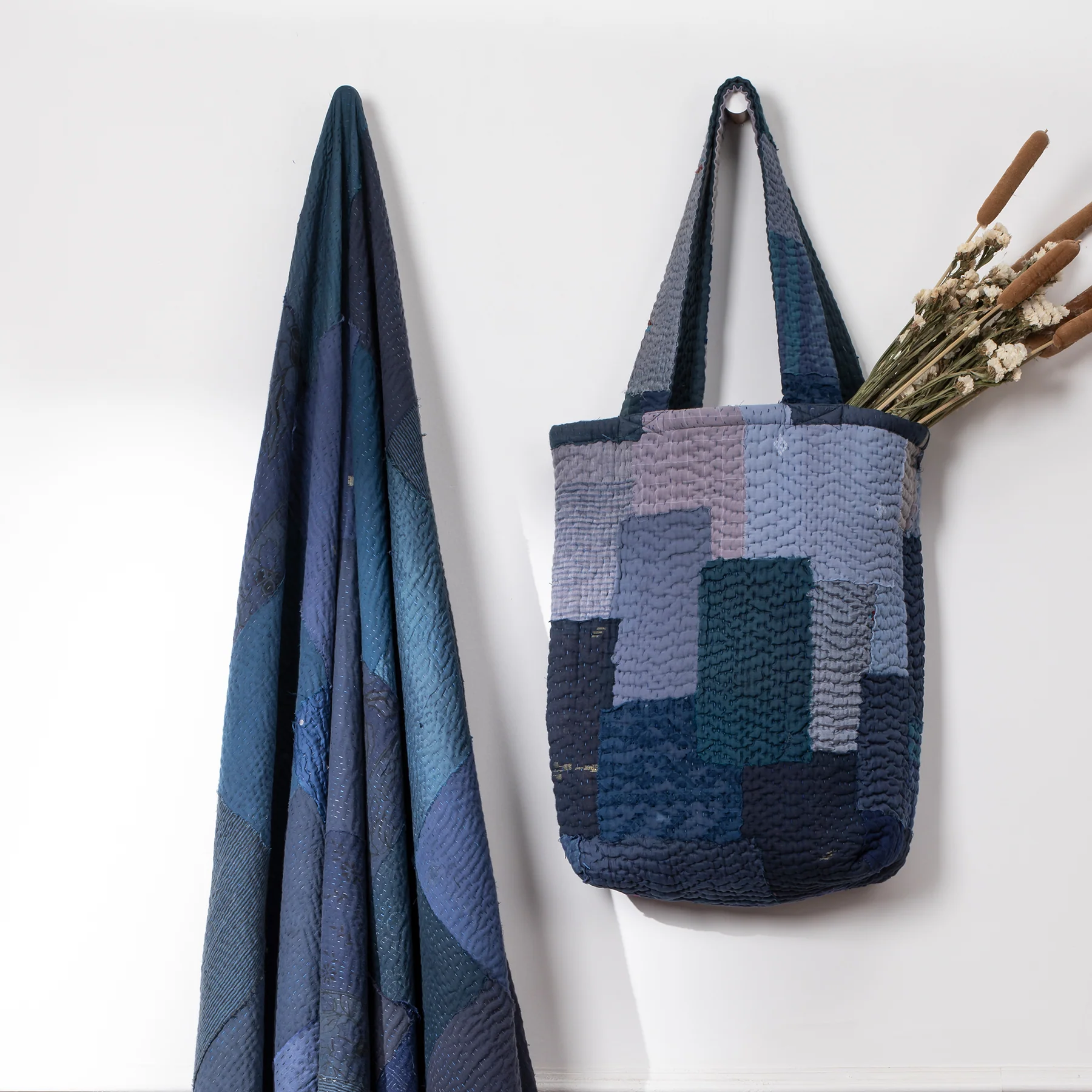 Landscape Handmade Vintage Kantha Tote Bag -Navy - – Mieko Mintz