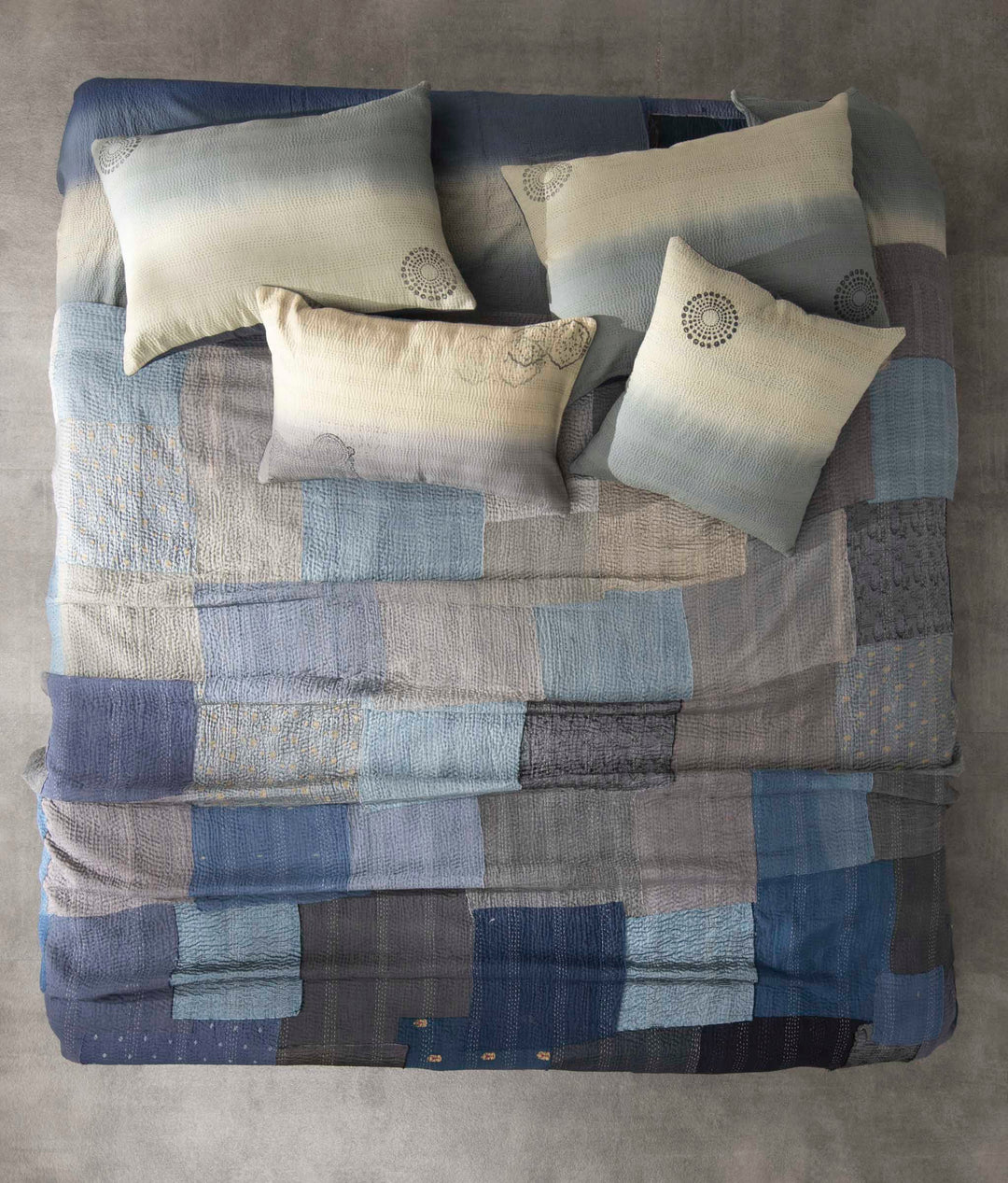 Vintage Fray Patch & Ombre Kantha Bedcover  -Navy -