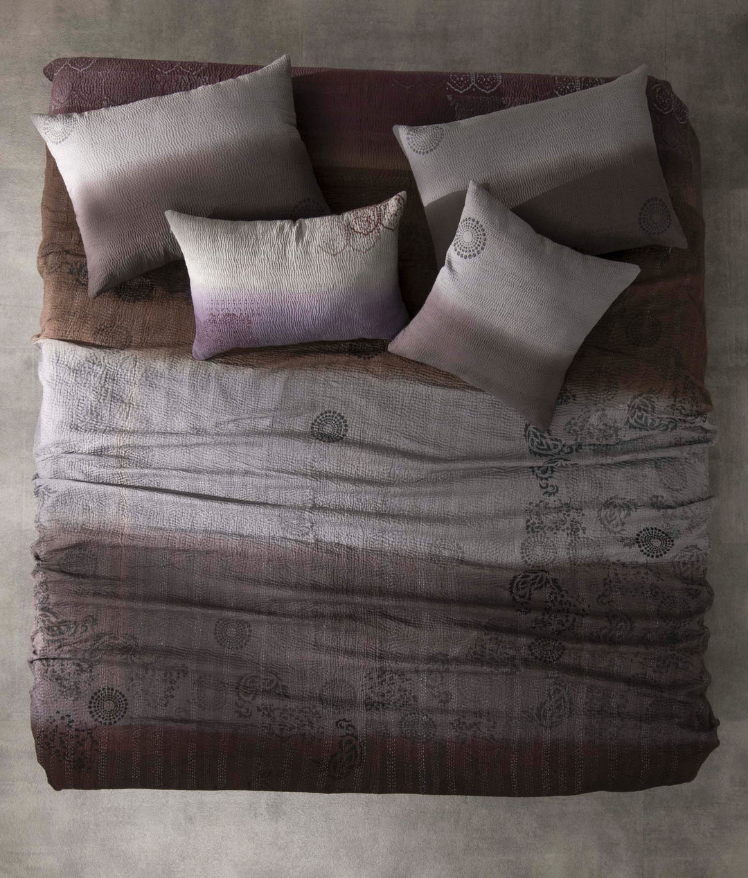 Vintage Fray Patch & Ombre Kantha Bedcover  -Chocolate -