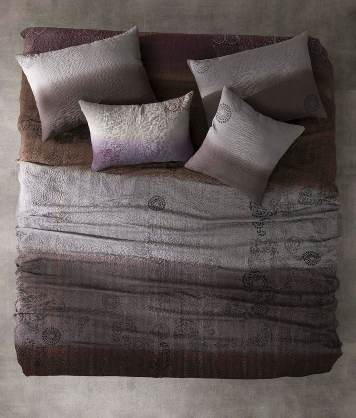 Vintage Fray Patch & Ombre Kantha Bedcover  -Chocolate -