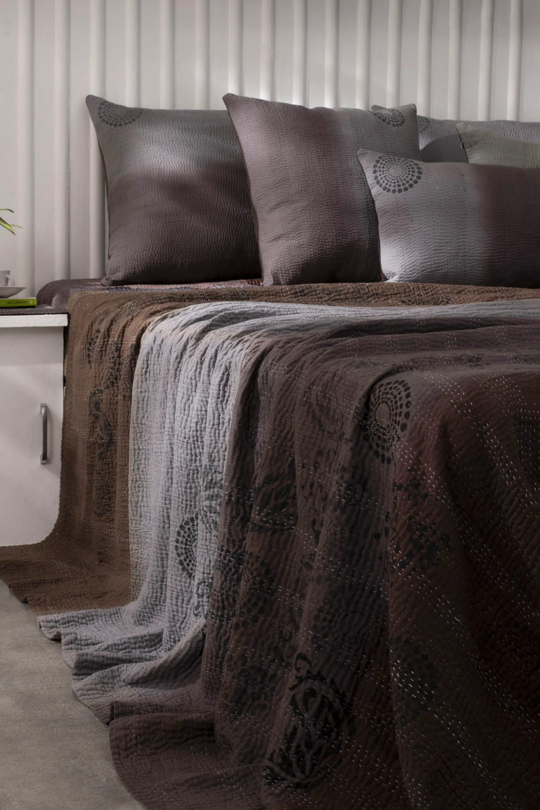 Vintage Fray Patch & Ombre Kantha Bedcover  -Chocolate -