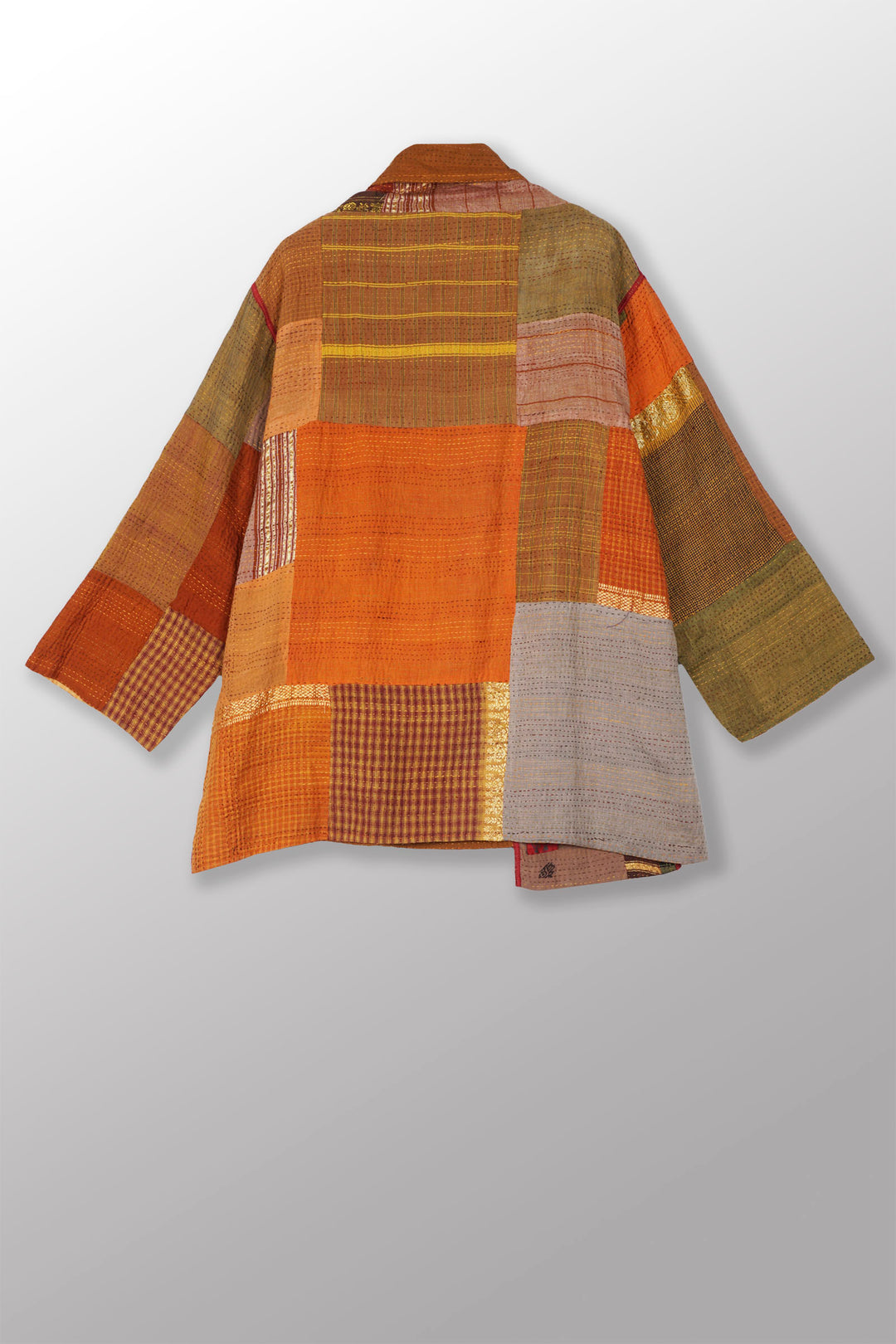 BROCADE PATCHED KANTHA STAND COLLAR TUNIC - bp2509-brn -