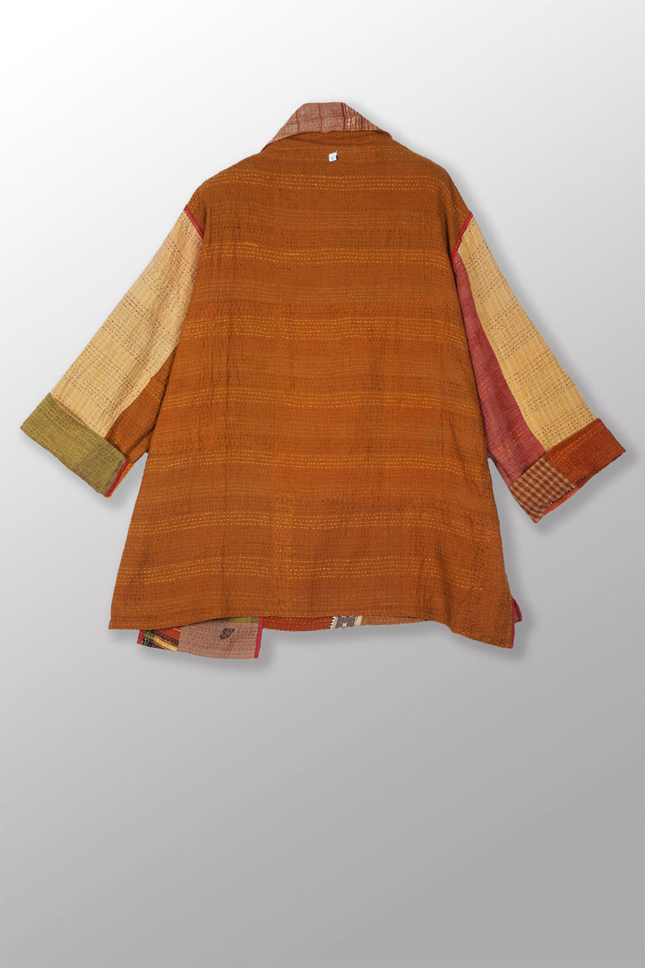 BROCADE PATCHED KANTHA STAND COLLAR TUNIC - bp2509-brn -