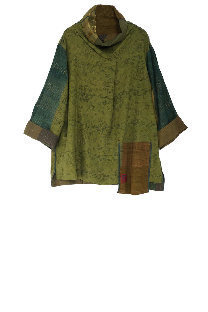 BROCADE PATCHED KANTHA STAND COLLAR TUNIC - bp2509-lim -