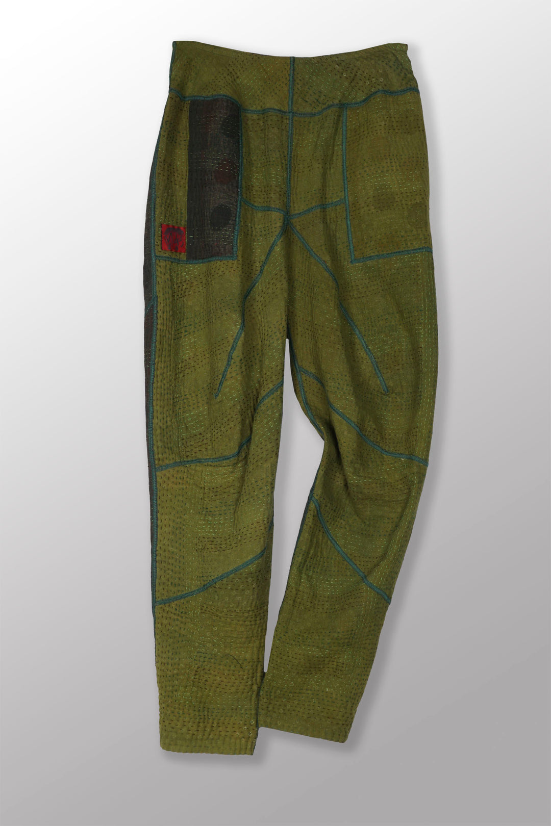 BROCADE PATCHED KANTHA SHAPED YAMAHA PANTS - bp4638-grn -