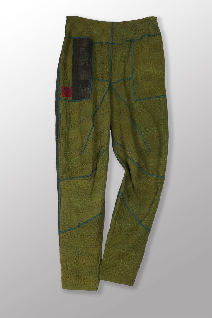 BROCADE PATCHED KANTHA SHAPED YAMAHA PANTS - bp4638-grn -