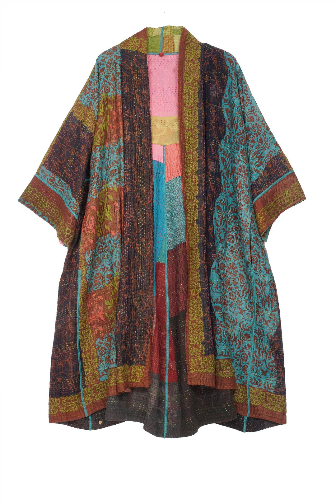 BAGH PRINT KANTHA 3/4 SLV. A-LINE DUSTER - bg4324-brn -