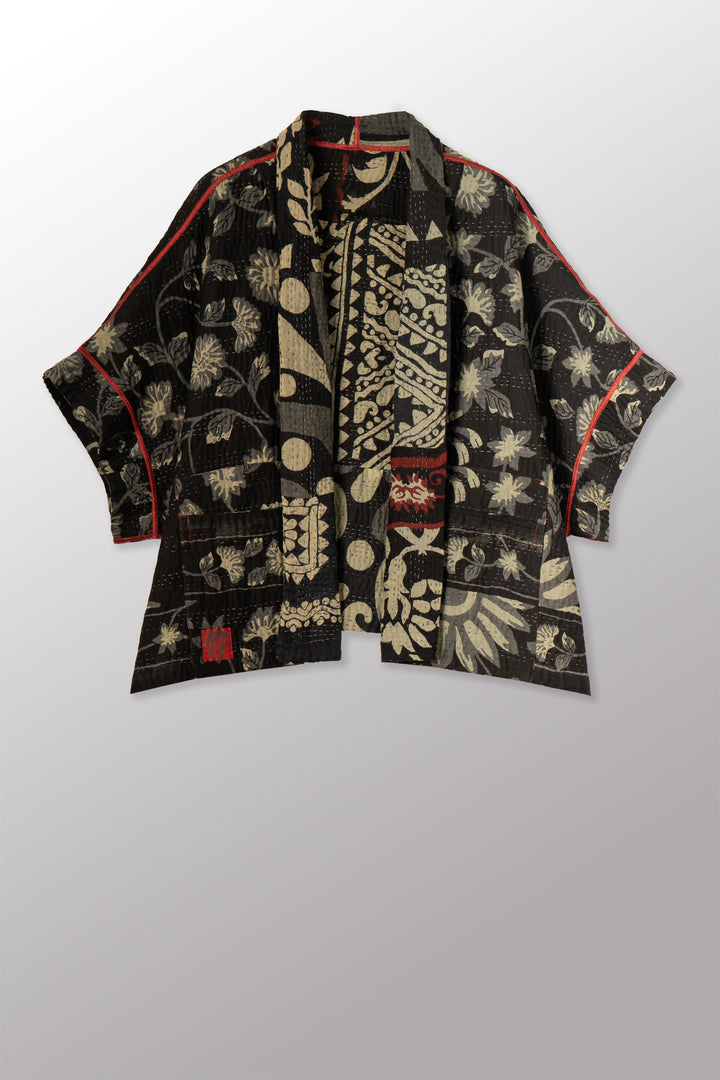 BLACK AND WHITE PRINT PATCH KANTHA MINI PONCHO - pn4060-red -