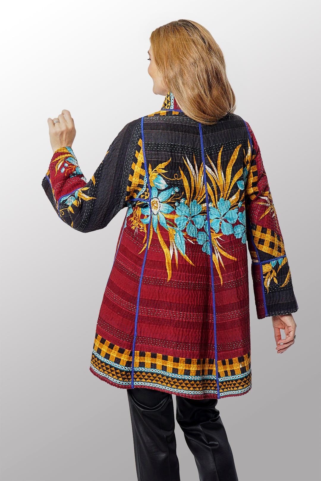 VINTAGE COTTON KANTHA FLARE LONG JACKET - cv4021-0049m -
