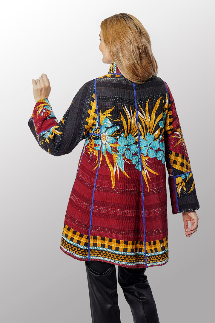 VINTAGE COTTON KANTHA FLARE LONG JACKET - cv4021-0049m -