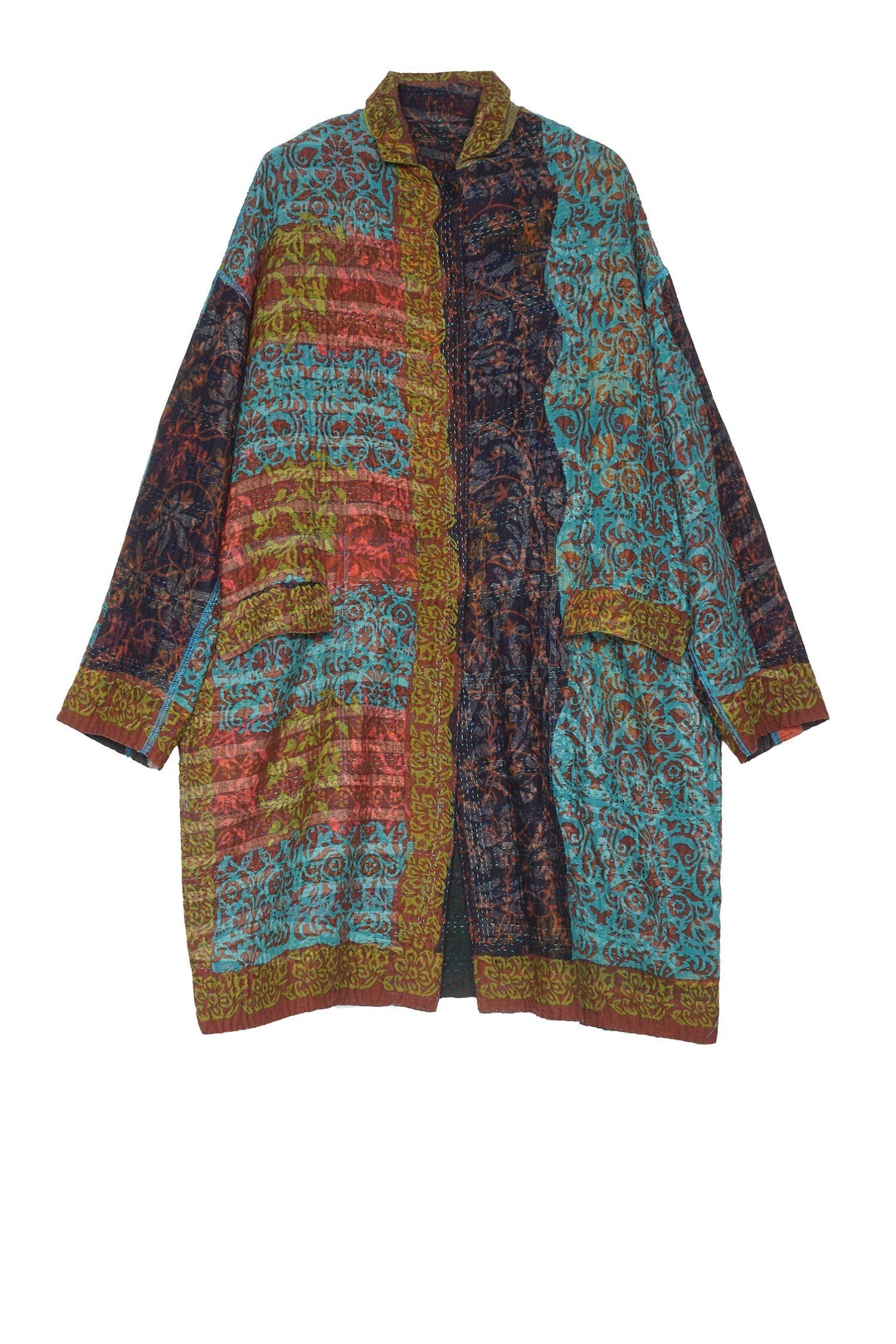 BAGH PRINT KANTHA LONG LINE JKT - bg4059-brn -