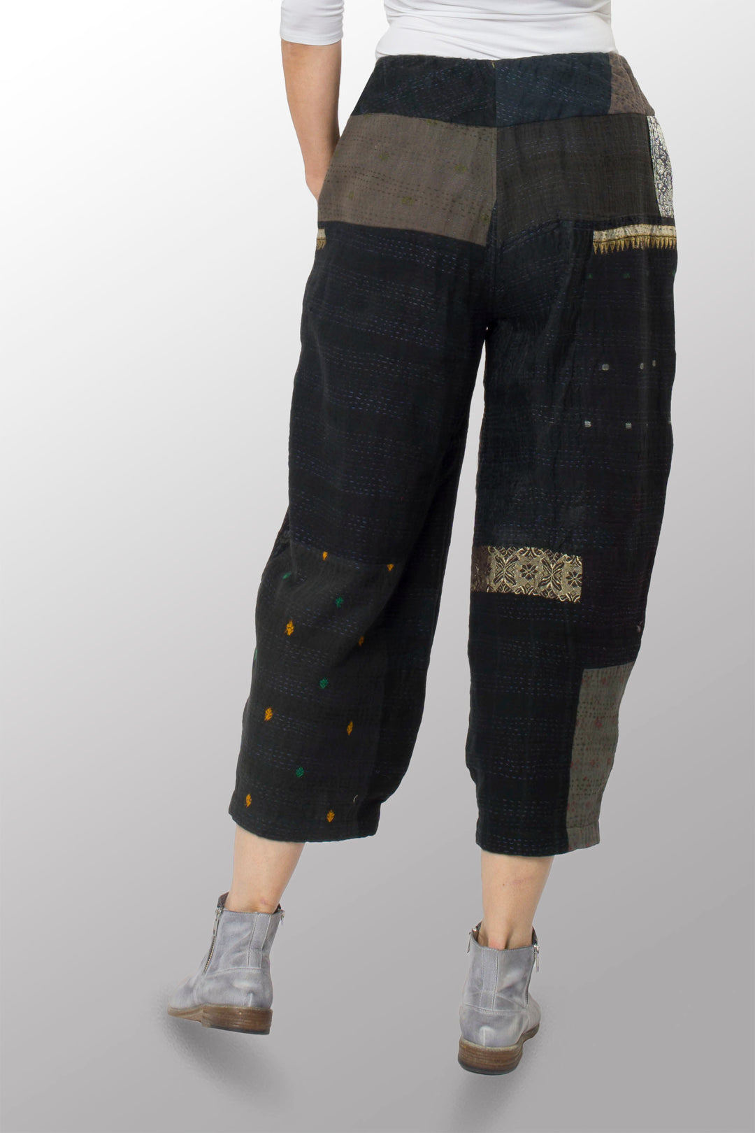 COTTON SILK SW PATCH KANTHA NEW LANTERN PANTS - ws2651-blk -