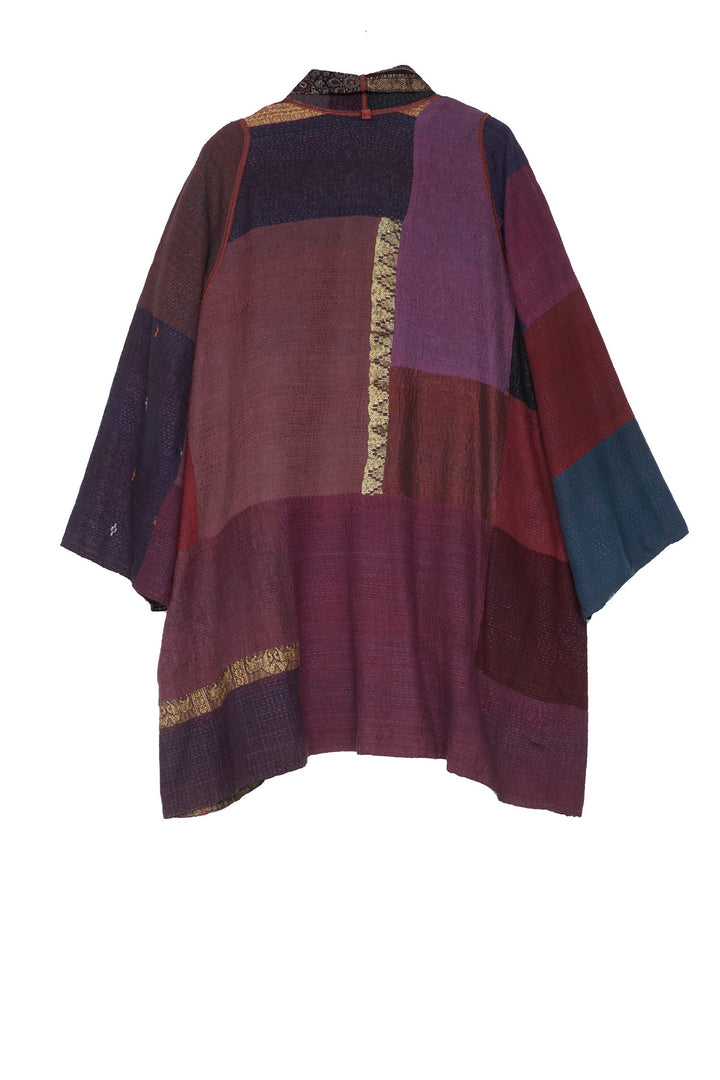 AJRAKH & COTTON OMBRE PATCH KANTHA A-LINE JACKET - ac2003-brn -