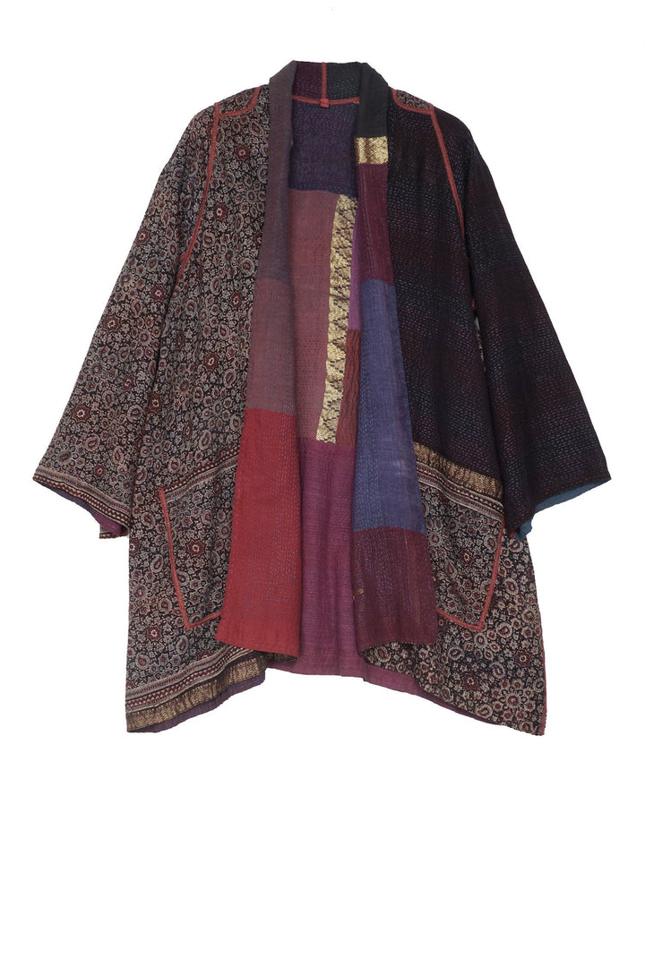AJRAKH & COTTON OMBRE PATCH KANTHA A-LINE JACKET - ac2003-brn -