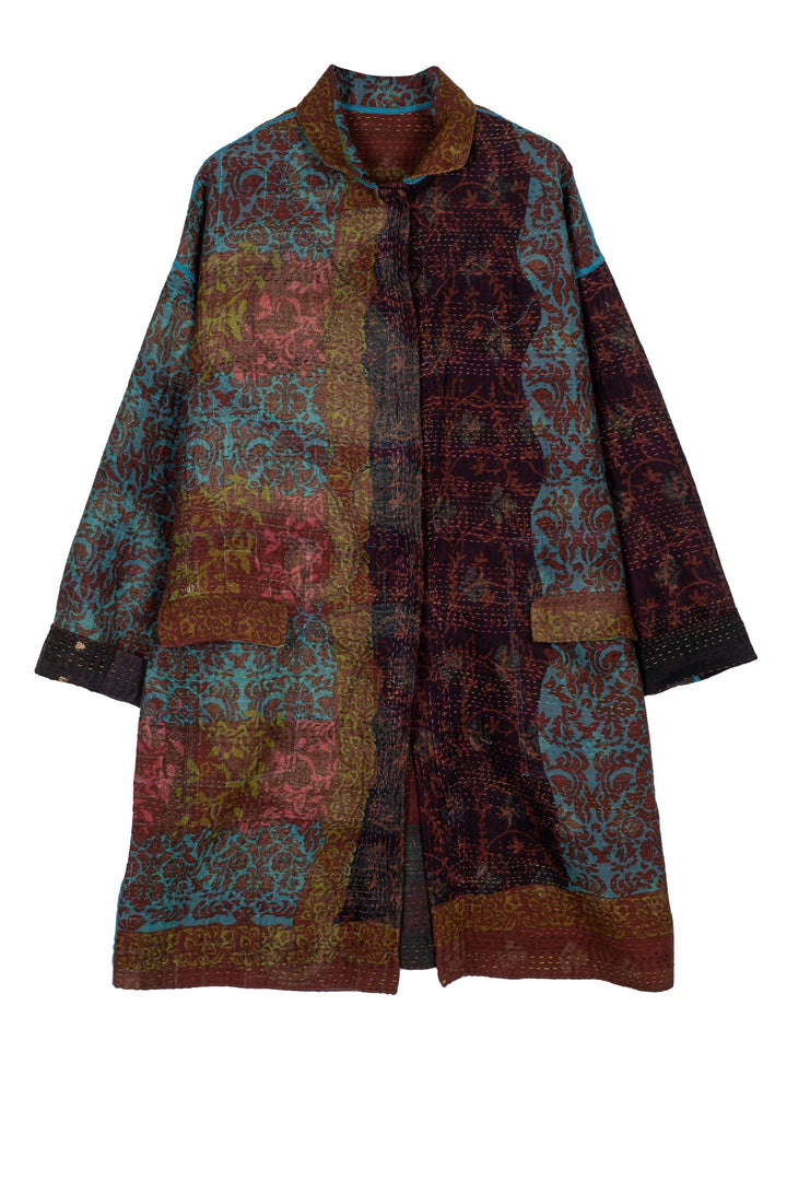 BAGH PRINT KANTHA LONG LINE JKT - bg4059-brn -