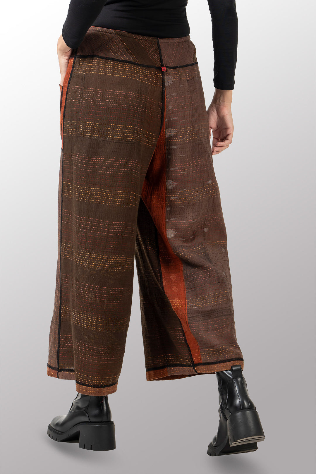 BROCADE PATCHED KANTHA MID RISE WIDE LEG PANTS - bp2665-brn -