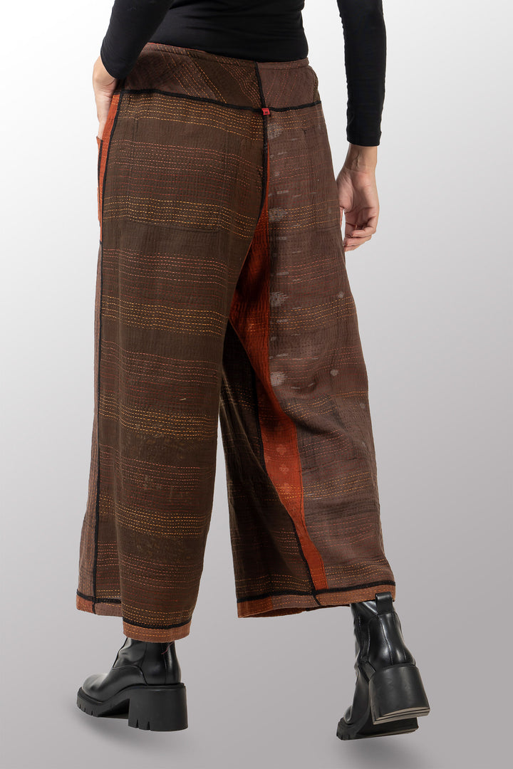 BROCADE PATCHED KANTHA MID RISE WIDE LEG PANTS - bp2665-brn -