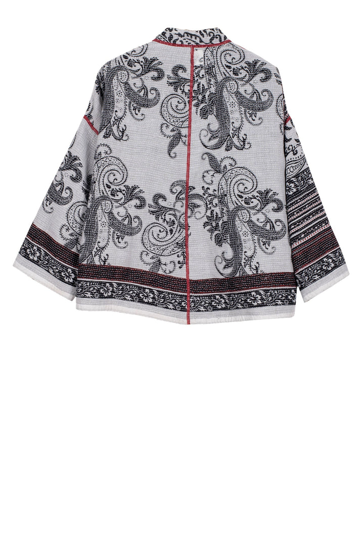 COTTON PAISLEY KANTHA STAND COLLAR CROPPED JACKET - cp2034-wht -