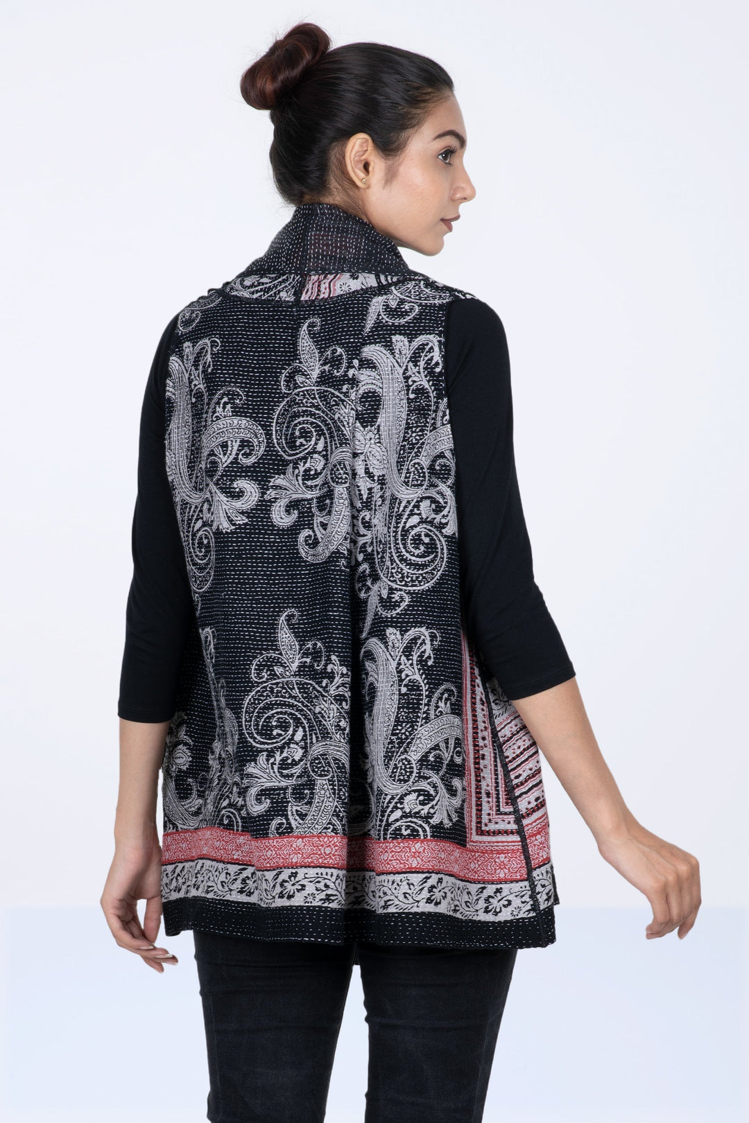 COTTON PAISLEY KANTHA SHAWL COLLAR SHORT VEST - cp2236-blk -