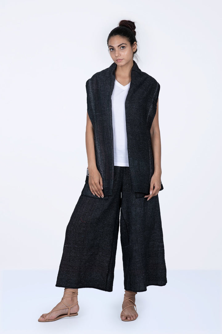 COTTON PAISLEY KANTHA SHAWL COLLAR SHORT VEST - cp2236-blk -