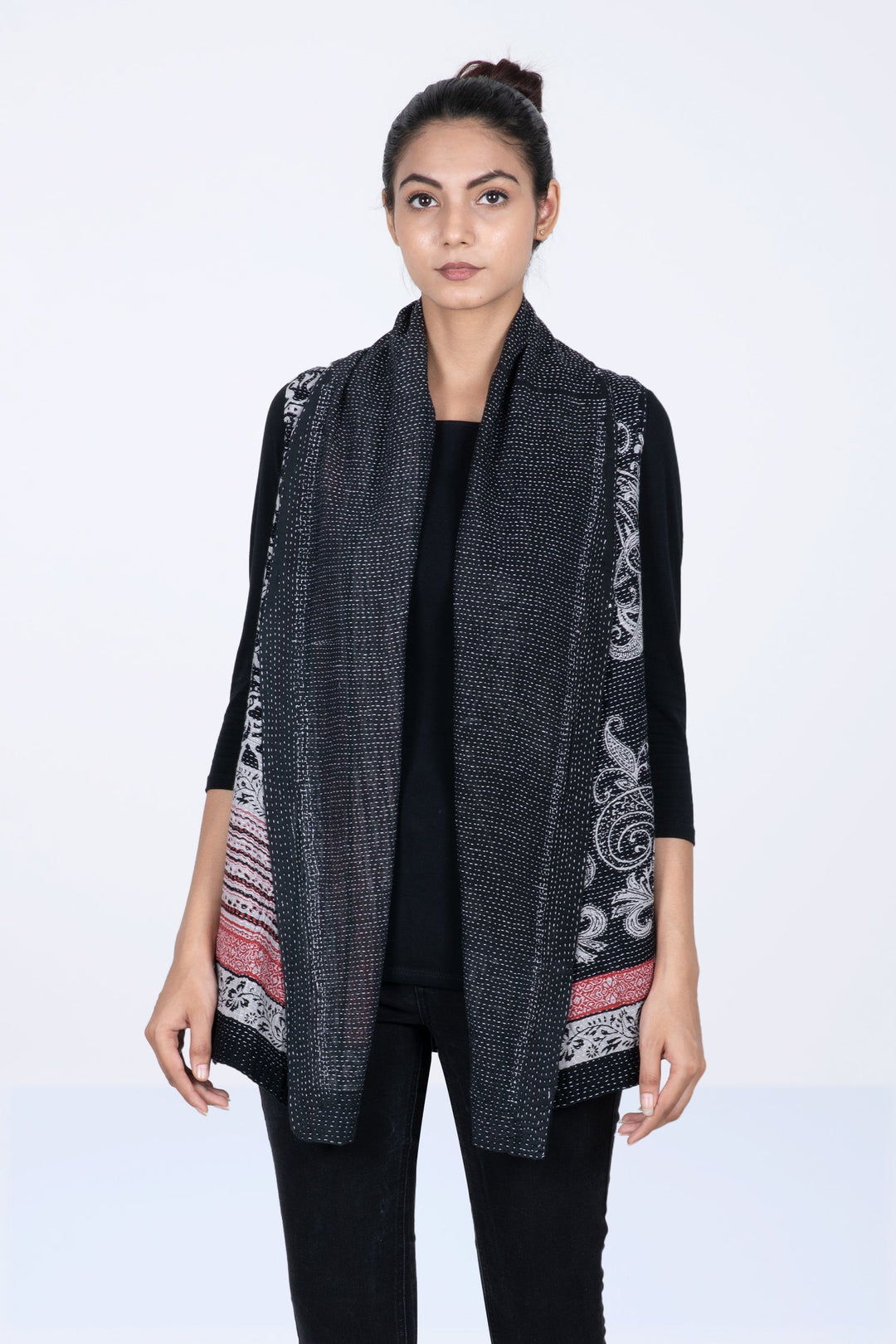 COTTON PAISLEY KANTHA SHAWL COLLAR SHORT VEST - cp2236-blk -