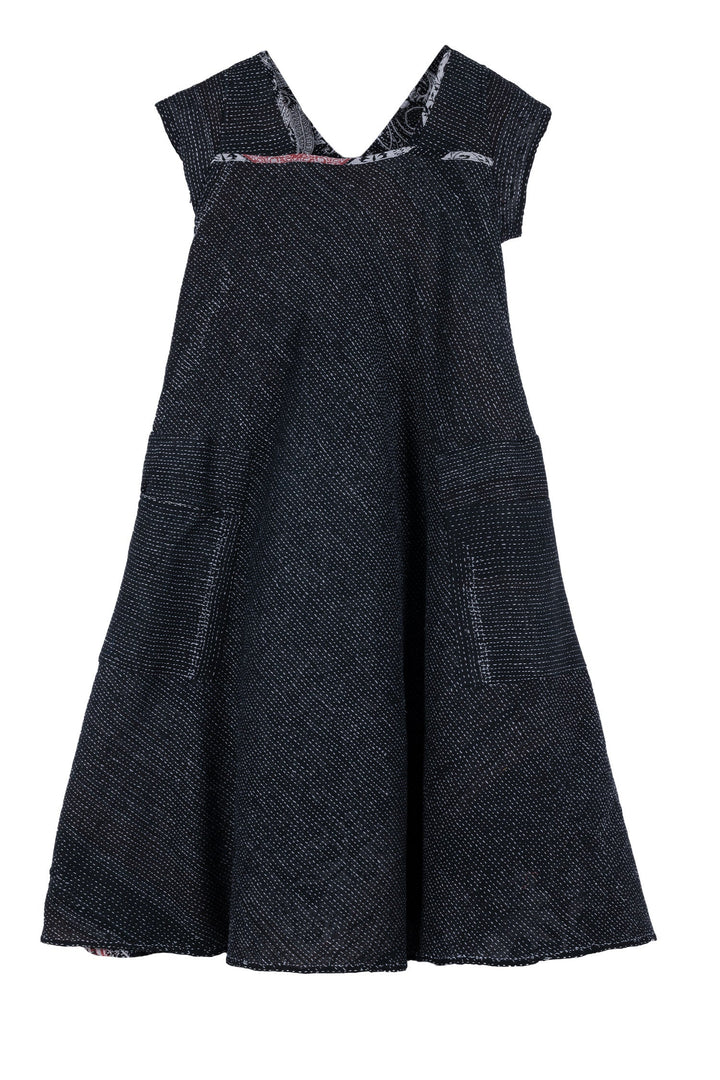 COTTON PAISLEY KANTHA SQUARE NECK FLARE DRESS - cp2431-blk -