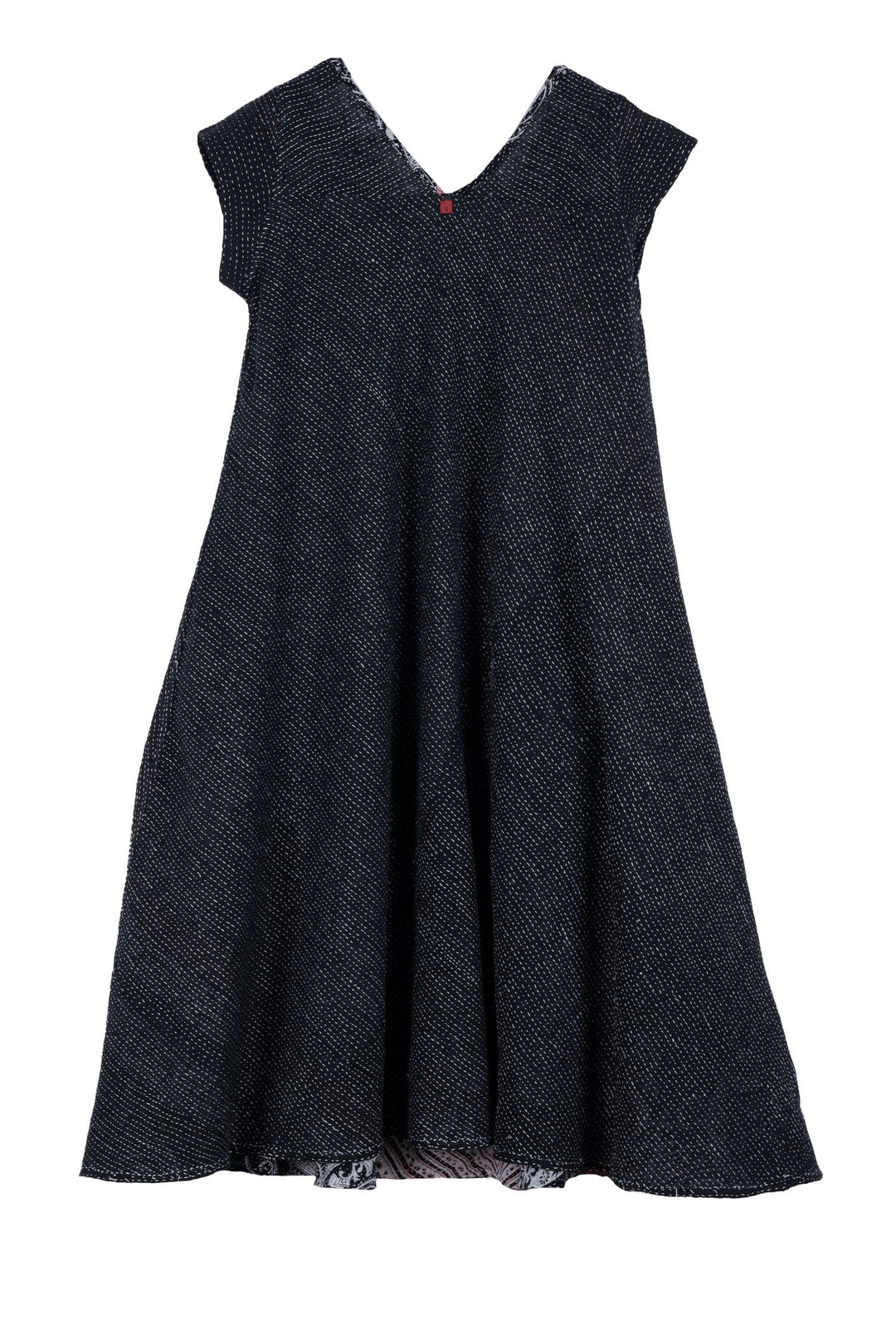 COTTON PAISLEY KANTHA SQUARE NECK FLARE DRESS - cp2431-blk -