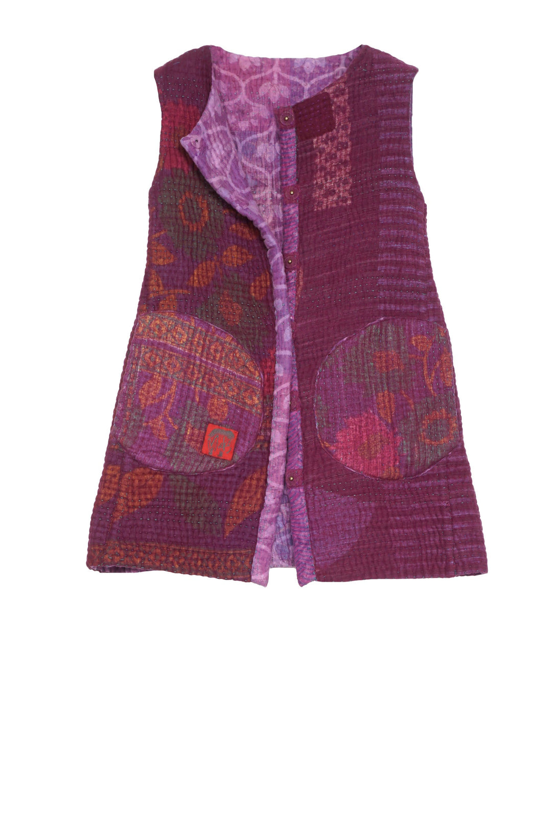 QUILTED VINTAGE COTTON KANTHA CREW NECK FITTED VEST MEDIUM - cq5233-0004s -