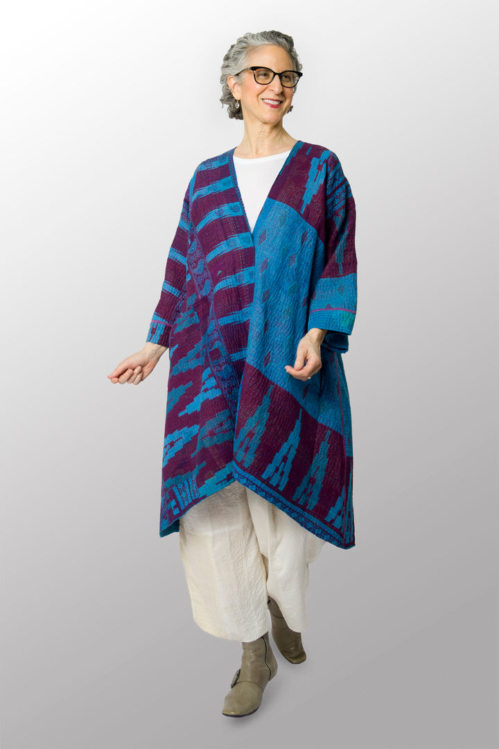 COTTON OVERDYE KANTHA WRAP FLARE COAT - ov4330-cblu003a -