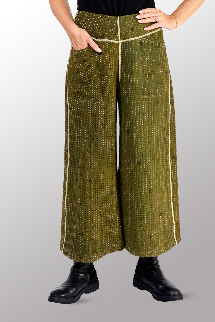 BBK SOLID KANTHA MID RISE WIDE LEG PANTS - bl-bbs6665-grn -