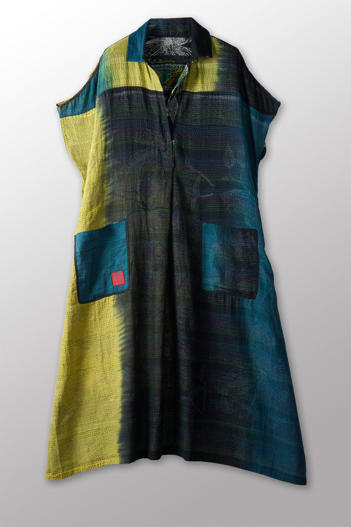 ORGANIC LEAVES KANTHA FRENCH SLEEVE SHIRT COLLAR DRESS - ol2458-blk -