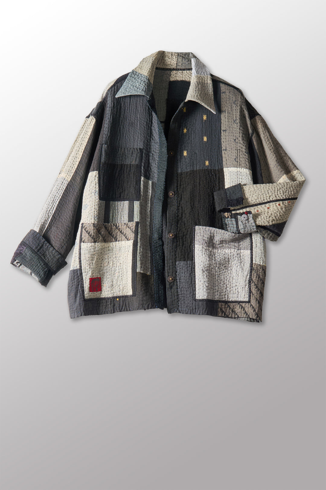 STRIPE AND CHECK COTTON SILK PATCH KANTHA WORKERS JACKET - ss4085-blk -