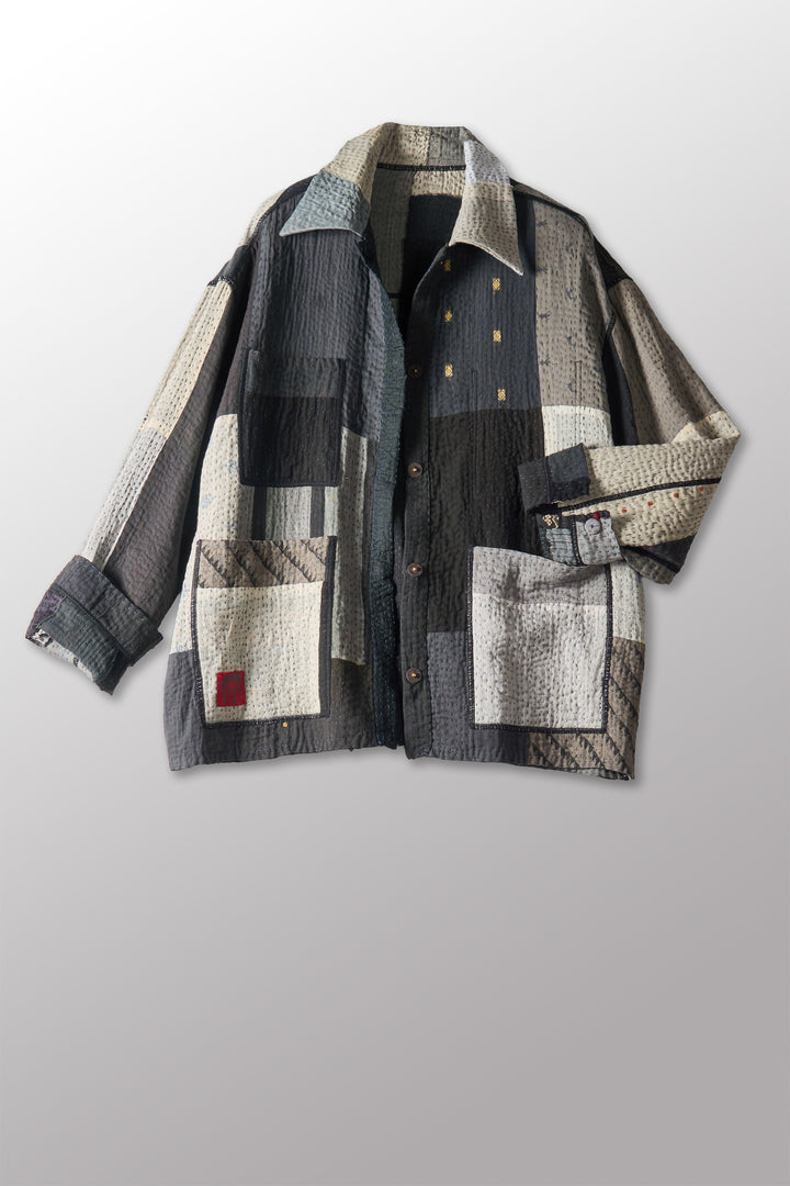 STRIPE AND CHECK COTTON SILK PATCH KANTHA WORKERS JACKET - ss4085-blk -