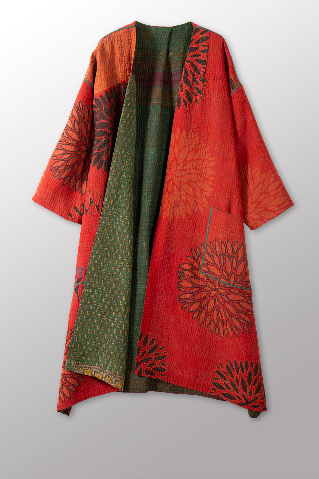 COTTON OVERDYE KANTHA LONG DUSTER - ov4328-cgrn003a -