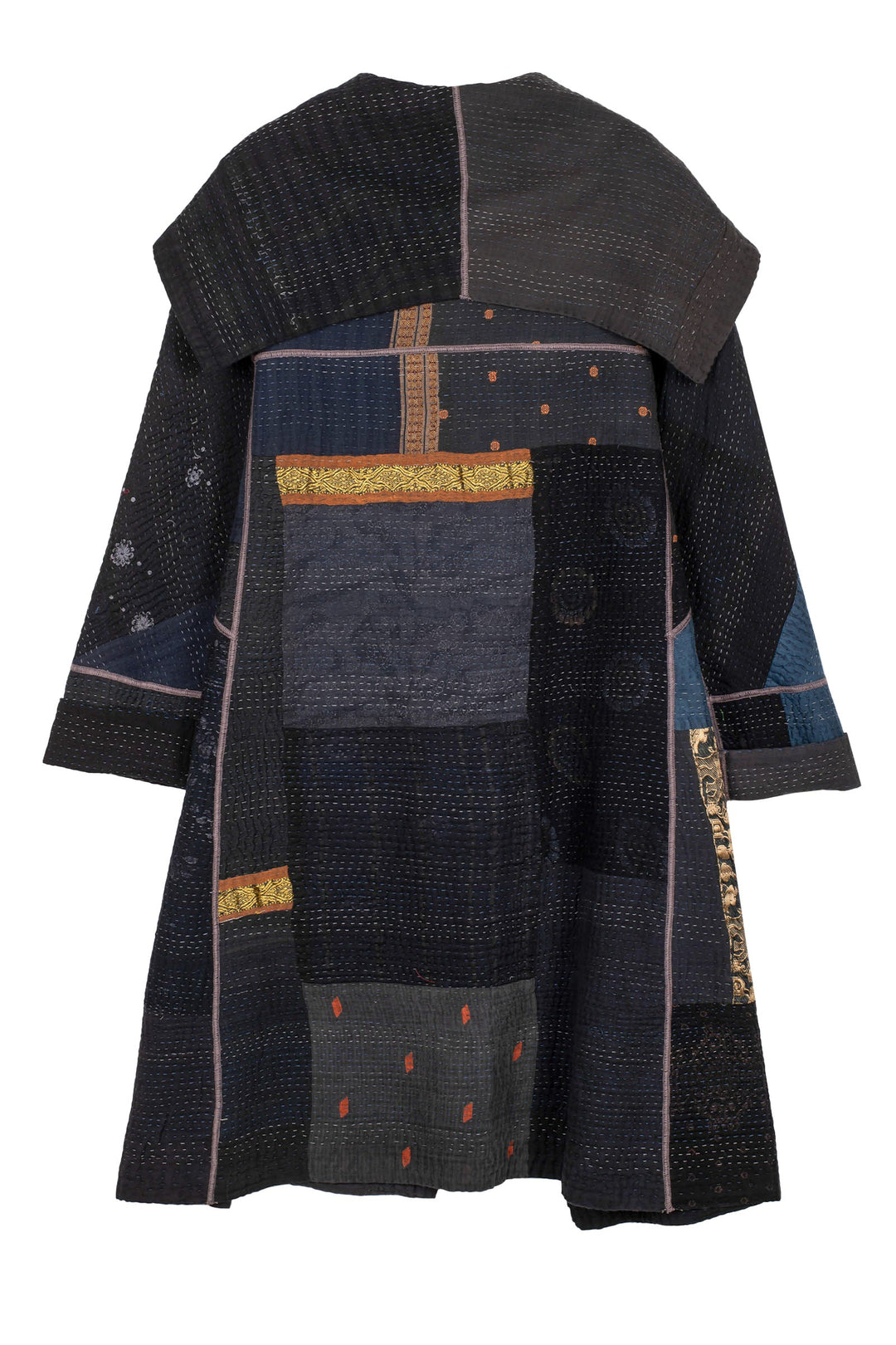 COTTON SILK SW PATCH KANTHA A-LINE COAT - ws4309-blk -