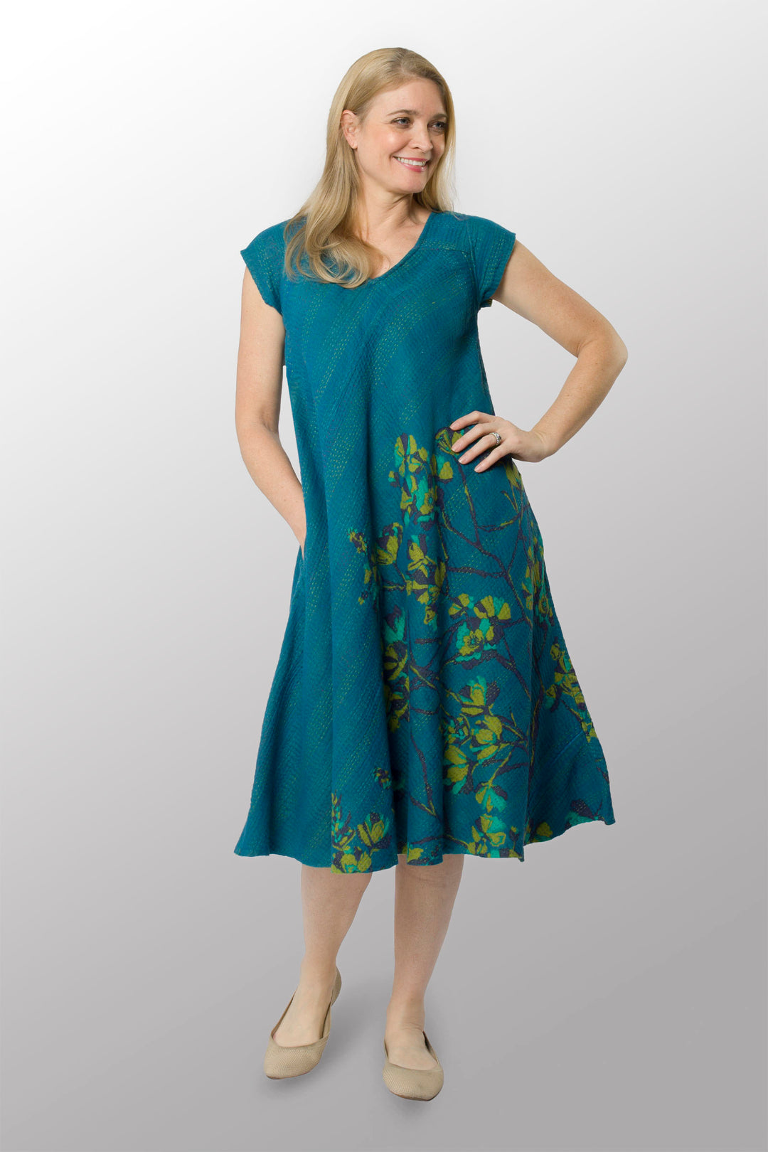 BLOOMING FLOWERS KANTHA CAP SLV. FLARE DRESS - bf4425-blu -