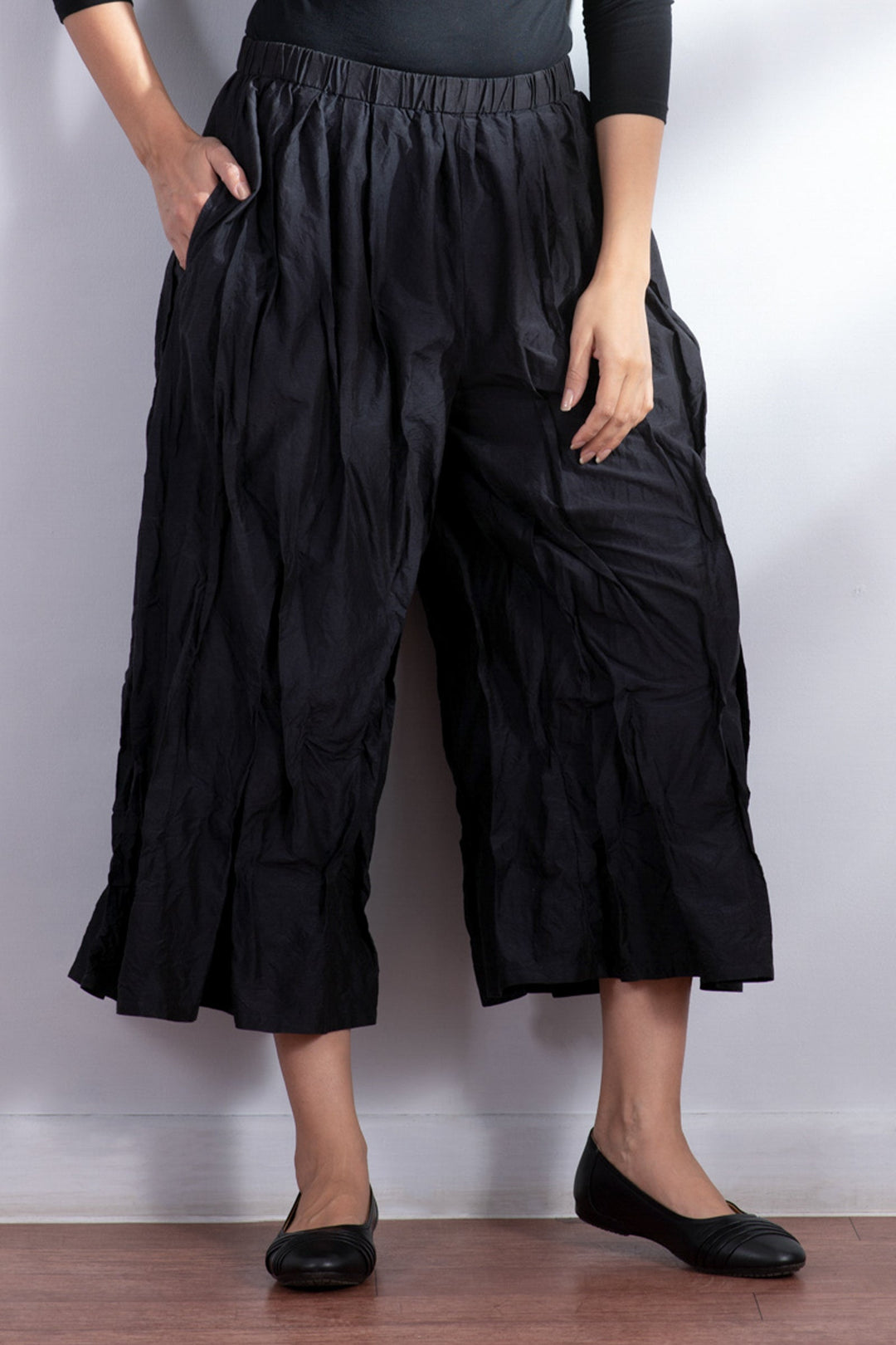 DYED COTTON SILK HEAVY VOILE WAVY TUCKED PANTS - dh1635-blk -