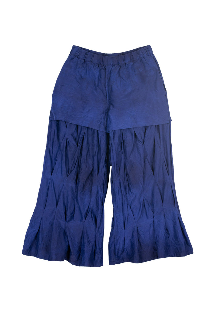 DYED COTTON SILK HEAVY VOILE WAVY TUCKED PANTS - dh1635-blu -