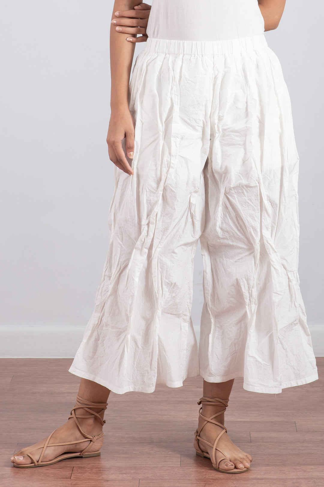 DYED COTTON SILK HEAVY VOILE WAVY TUCKED PANTS - dh1635-wht -
