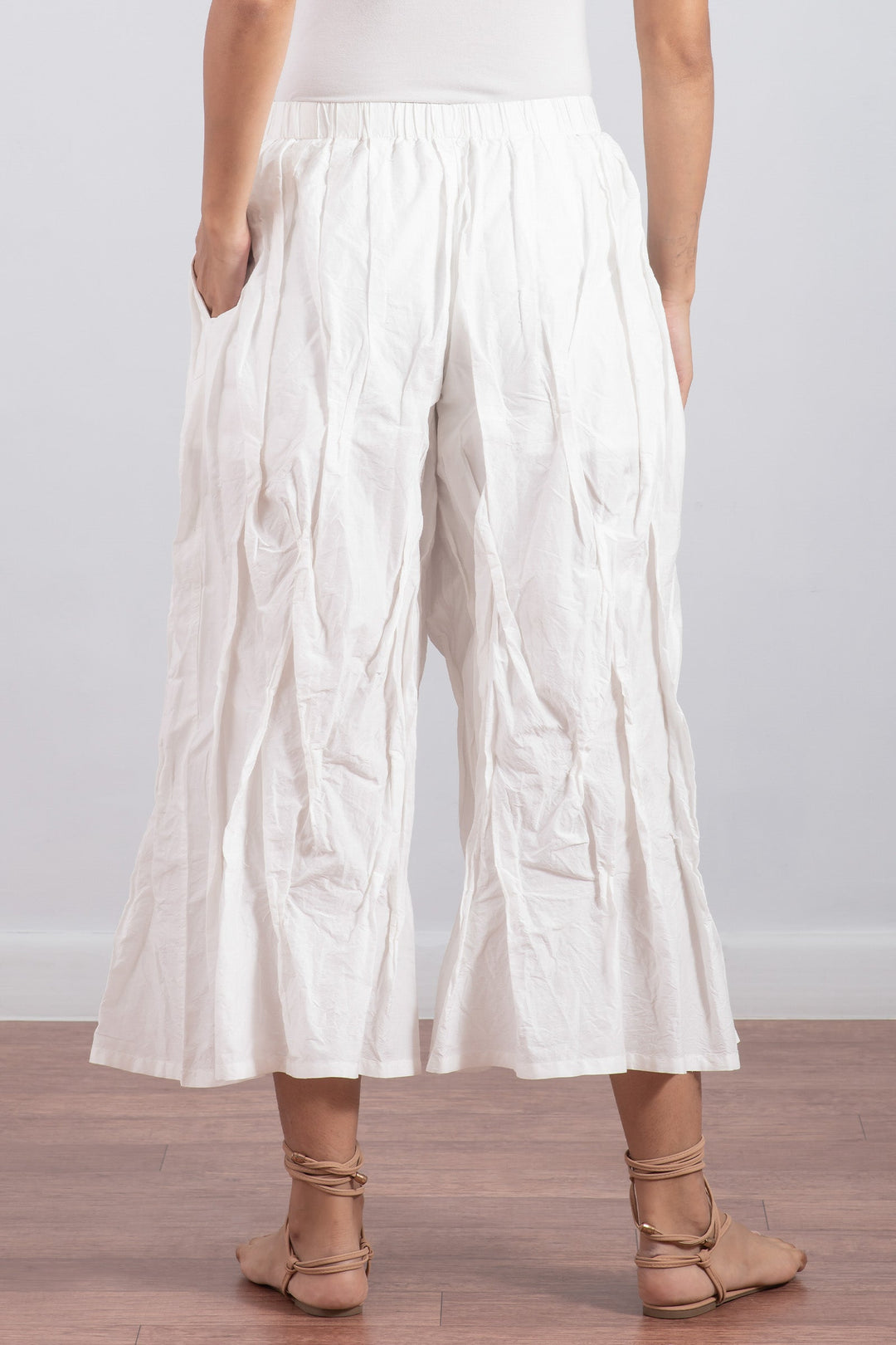 DYED COTTON SILK HEAVY VOILE WAVY TUCKED PANTS - dh1635-wht -