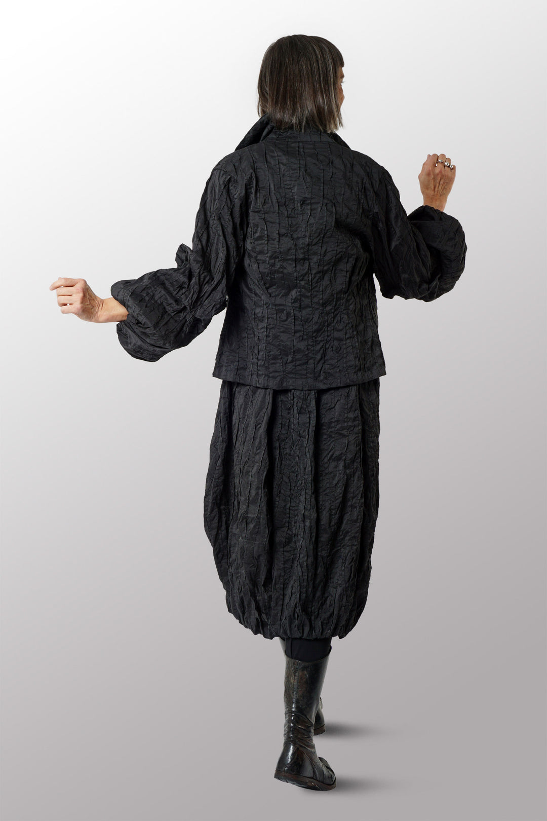 DYED COTTON SILK HEAVY VOILE RANDOM TUCK PUFF SLV. JACKET - dr1077-blk -