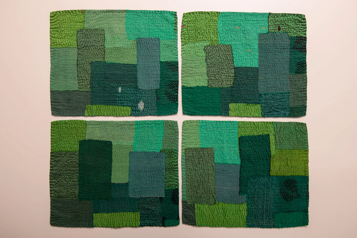 Landscape Fray Handmade Vintage Kantha Placemat -Lime Green (SET OF 2)