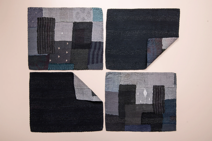 Landscape Fray Handmade Vintage Kantha Placemat -Black (SET OF 2)