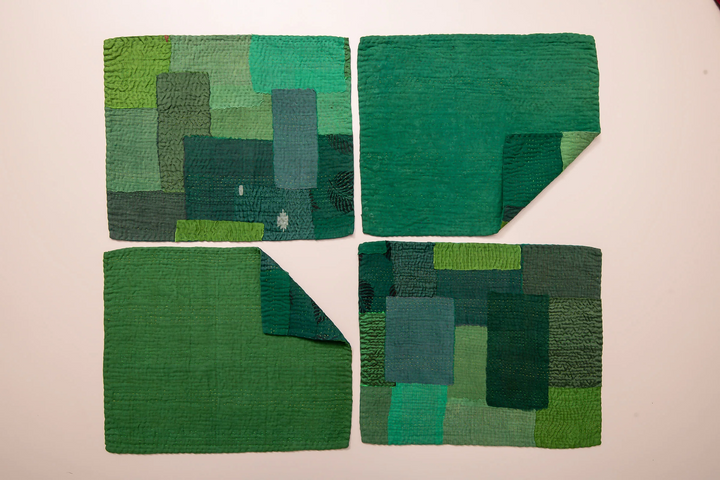 Landscape Fray Handmade Vintage Kantha Placemat -Lime Green (SET OF 2)
