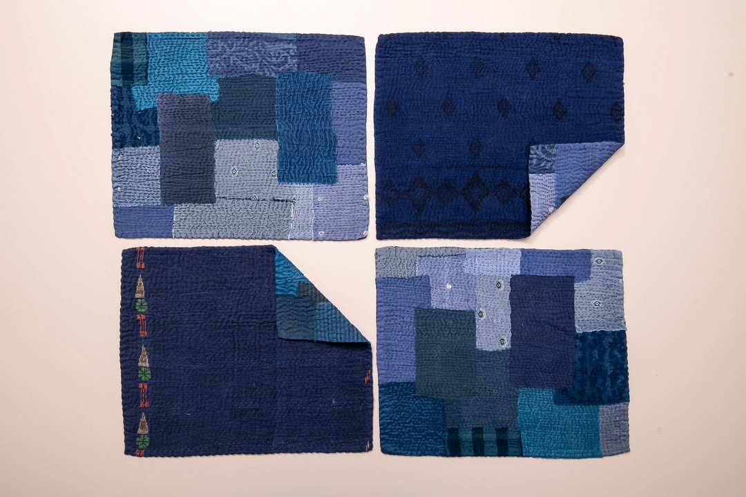 Landscape Fray Handmade Vintage Kantha Placemat -Navy (SET OF 2)