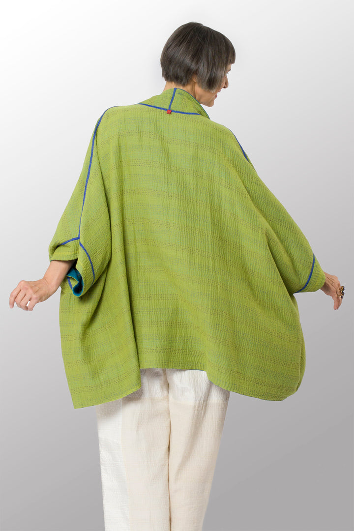 BLOOMING FLOWERS KANTHA DOUBLE COLLAR PONCHO - bf4323-blu -