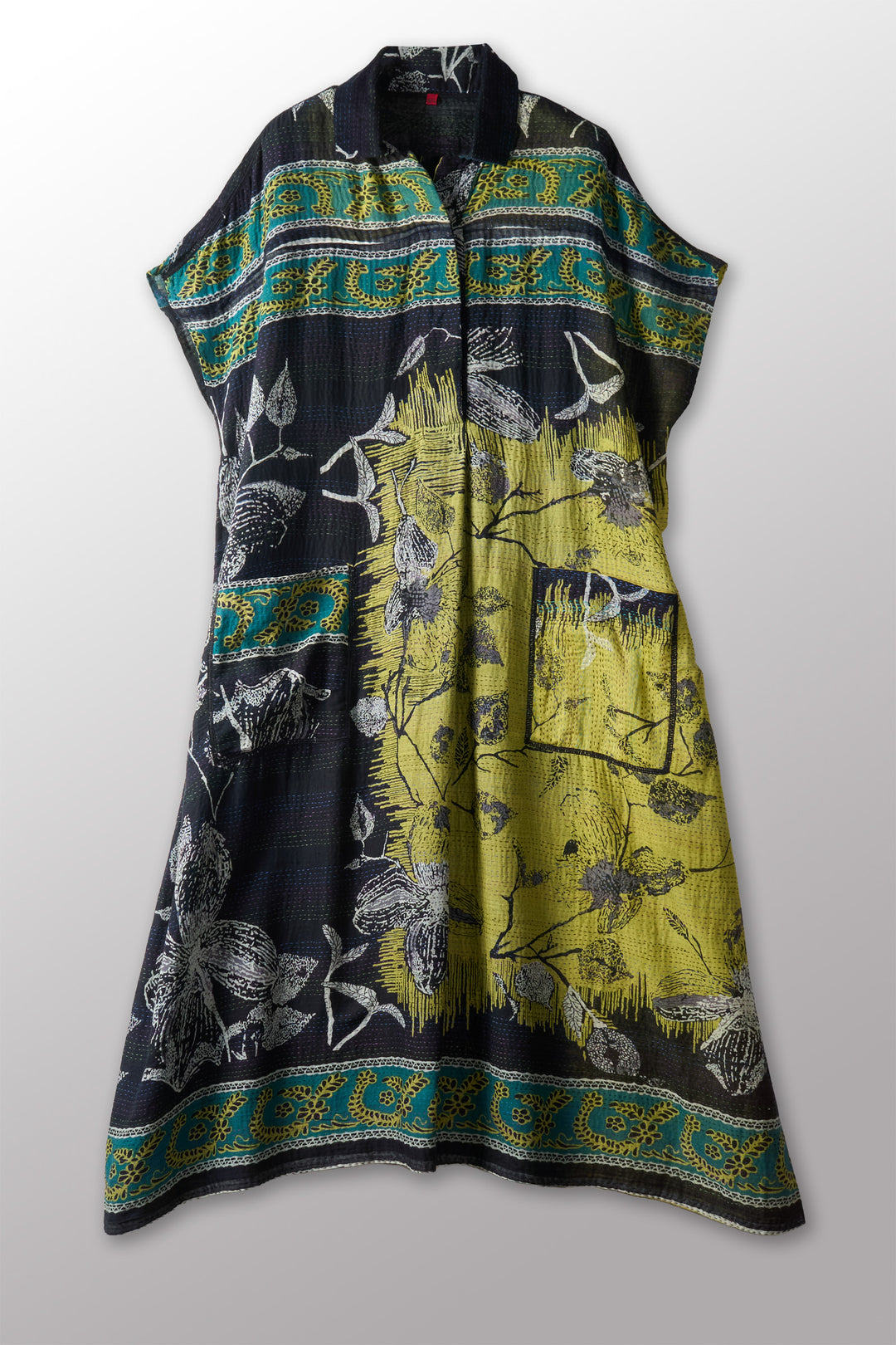 ORGANIC LEAVES KANTHA FRENCH SLEEVE SHIRT COLLAR DRESS - ol2458-blk -