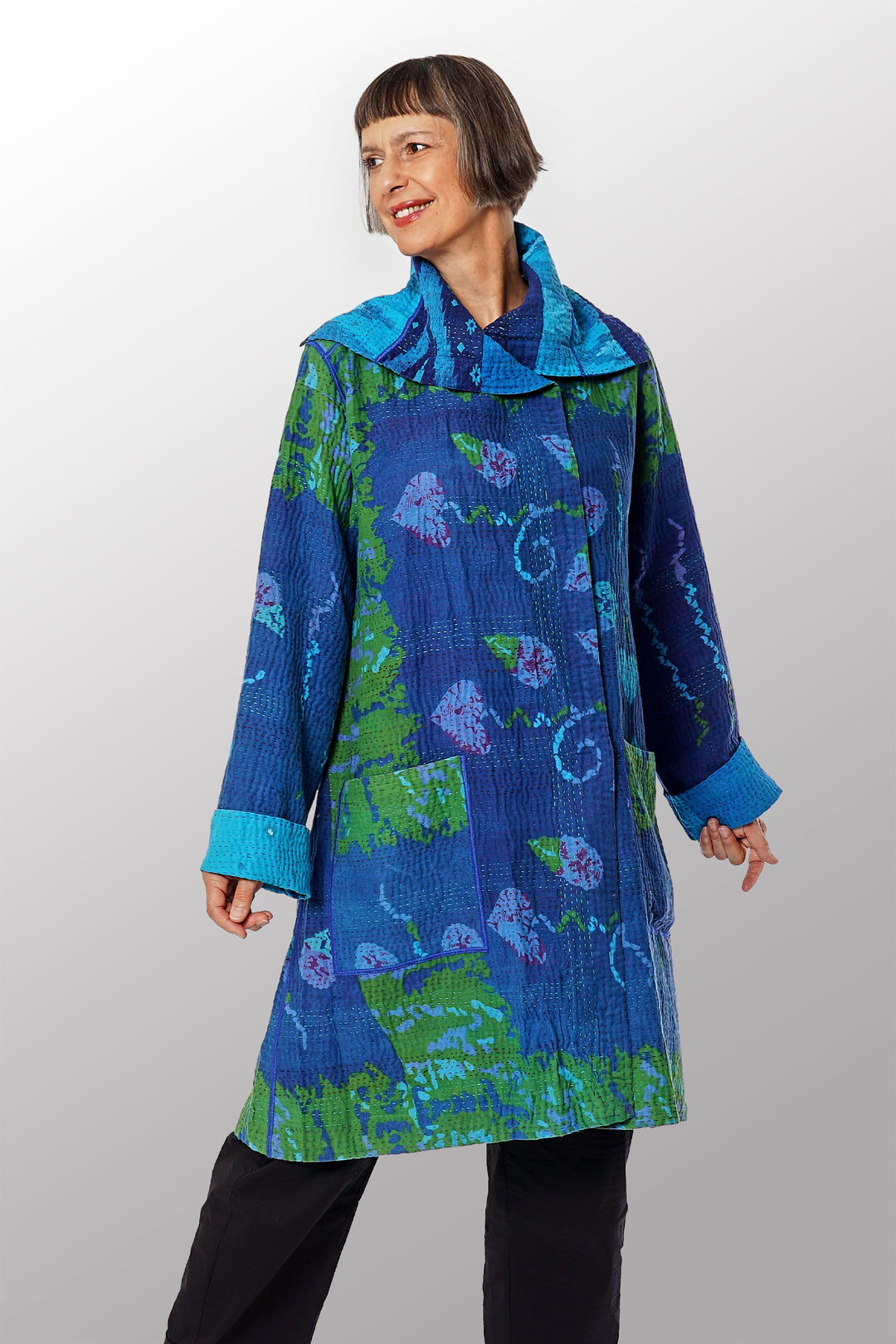 COTTON OVERDYE KANTHA POCKET MEDIUM COAT - ov4316-cblu004a -